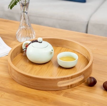 صواني تقديم خشب دائرية بمقابض (متوفر 3 احجام)