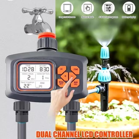 وحدة تحكم ري النباتات DENX DX2578 مع شاشة LCD كبيرة، أربعة برامج مرنة، وتوصيلات سريعة