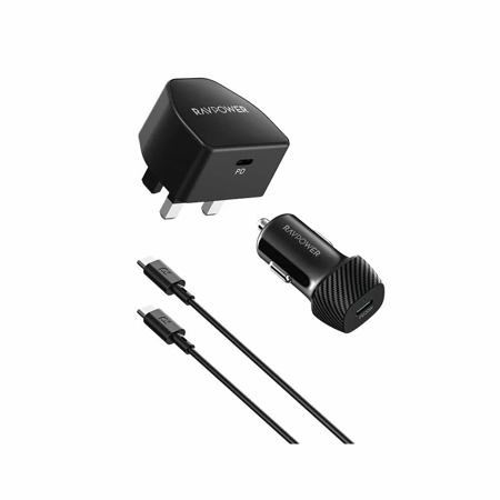 بكج شواحن راف باور المتكامل شاحن سيارة وجداري وسلك تايب سي