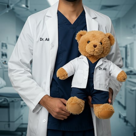 دبدوب طبيب مخصص مع زي طبي 3 قطع طقم سكراب بلوزه و بنطلون و لابكوت