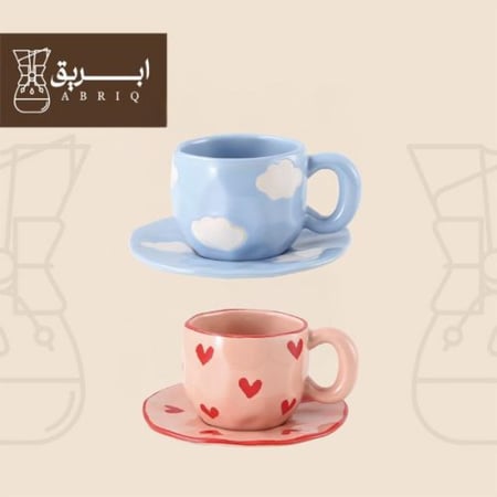 أكواب بورسلان من إبريق بتصميم غيوم زرقاء وقلوب وردية مع صحون مطابقة