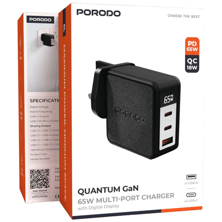 شاحن Porodo Quantum GaN 65W Multi-Port مع شاشة رقمية - أسود