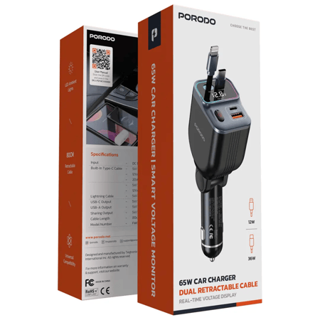 شاحن سيارة بورودو بقوة 65 واط مع كابل مزدوج قابل للسحب - أسود