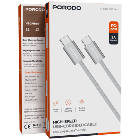 سلك تايب سي سرعة عالية 60 واط بطول 1 متر مضفر بغطاء معدني بورودو