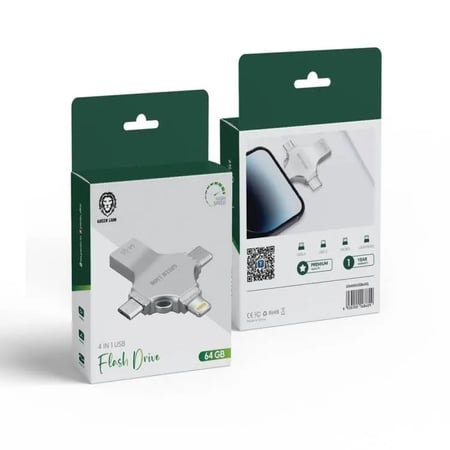 فلاش درايف نقل البيانات 4 في 1, 64GB - سيلفر قرين لايون 4-In-1 USB Flash Drive 64 GB - Silver