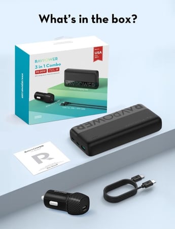 بكج راف بور ( بطاريه 20الف +كيب تايب سي تو تايب سي+ شاحن للسياره 20W)