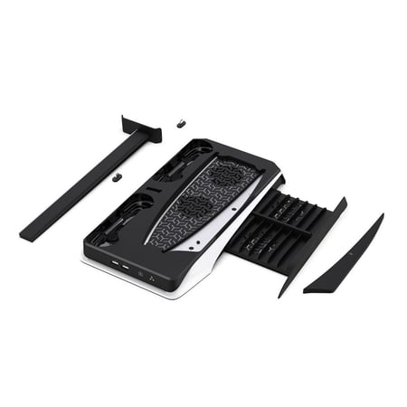 حامل رأسي مع مروحة تبريد لوحدة تحكم PS5، وقاعدة شحن مع منافذ شاحن وحدة تحكم مزدوجة وتخزين ألعاب قابل للسحب لإصدار PS5 الرقمي