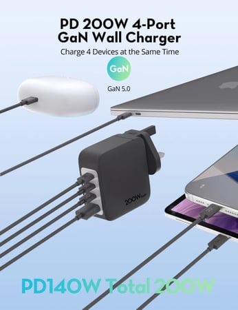 شاحن متعدد للسفر راف باور بقوة 200 واط بمنفذ يو اس بي و ثلاث منافذ تايب سي - اسود