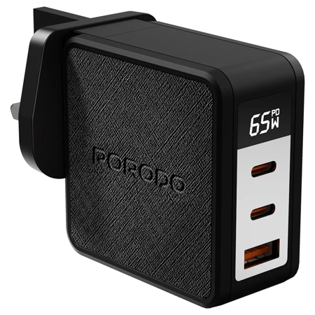 شاحن Porodo Quantum GaN 65W Multi-Port مع شاشة رقمية - أسود