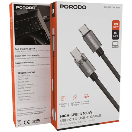 سلك تايب سي بقوة 100 واط وطول 1 متر بورودو