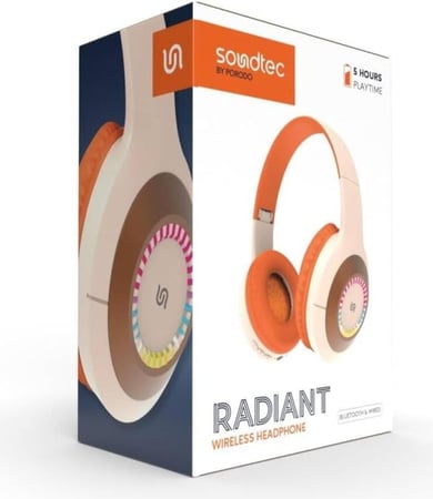 سماعة رأس بلوتوث للأطفال من بورودو ساوند تيك بسعة بطارية 200 مللي أمبير، اتصال كابل Aux مقاس 3.5 مم، مصابيح LED، شحن من النوع C، وقت تشغيل ممتد، إيقاف تشغيل تلقائي