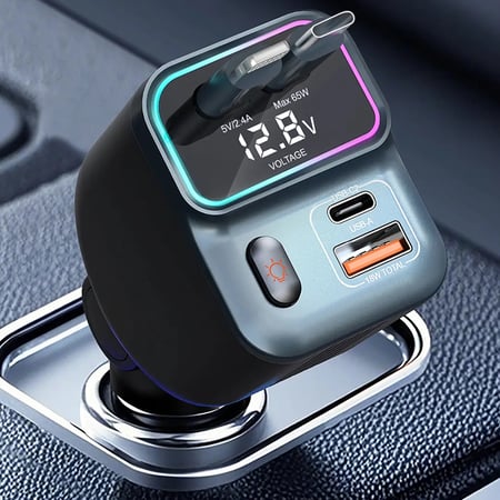 شاحن سيارة بورودو بقوة 65 واط مع كابل مزدوج قابل للسحب - أسود