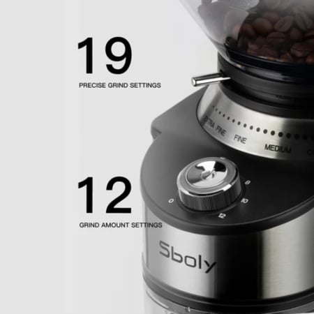 مطحنة قهوة احترافية Sboly – 19 إعداد طحن | شفرات مخروطية ستانلس ستيل