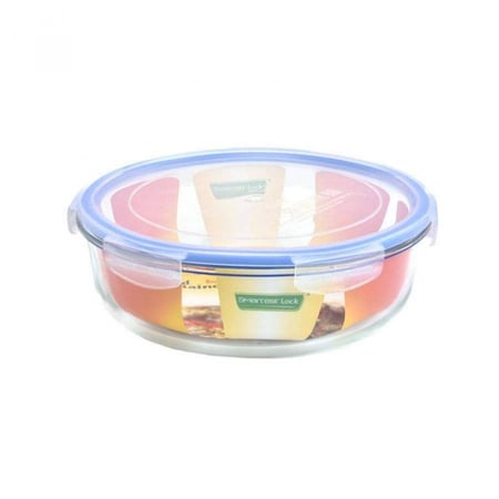 صينية فرن زجاج دائرية بغطاء بلاستيك 2.1 لتر