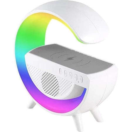 سماعة سبيكر مع شاحن لاسلكي و إضاءة RGB ملون لون الغطاء ابيض