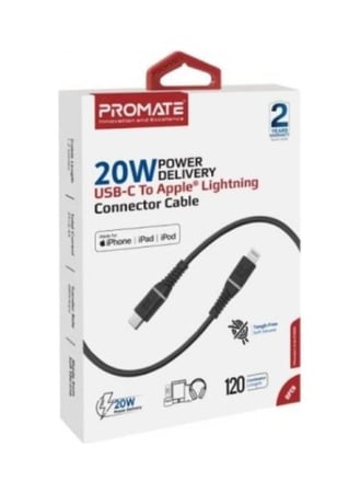 كابل USB-C إلى موصل Apple Lightning بقوة 20 واط، بطول 1.2 متر، اللون أسود، من PROMATE، رقم المنتج 6959144060712