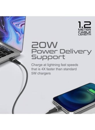 كابل USB-C إلى موصل Apple Lightning بقوة 20 واط، بطول 1.2 متر، اللون أسود، من PROMATE، رقم المنتج 6959144060712