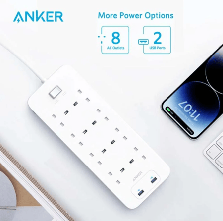 توصيلة كهربائية انكر 8 مقابس ثلاثية UK مع منفذين USB-A بقوة 12واط