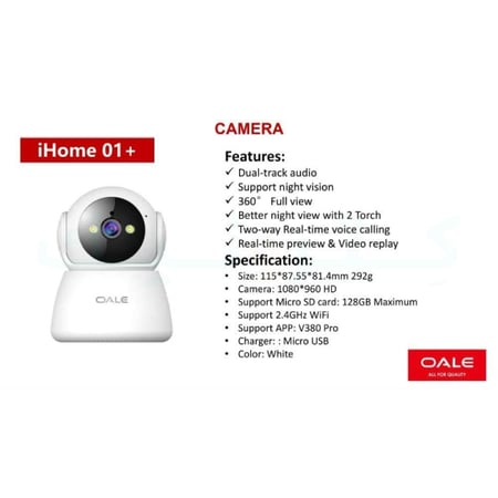 كاميرا مراقبة +OALE iHome 01 واي فاي صوتية بدقة 1080 بكسل وزاوية 360 درجة تدعم الرؤية الليلية بمصباحين واكتشاف الحركة