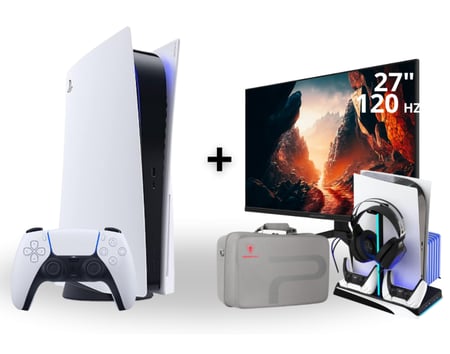 بلايستيشن 5 فات سي دي + شاشة العاب مقاس 27 بوصة 120hz هيرتز + قاعدة بلايستيشن 5 + شنطة
