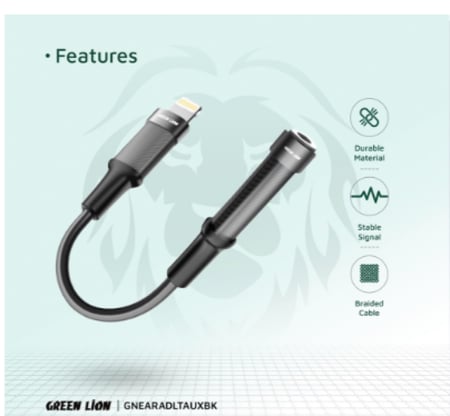 محول سماعة أذن Green Lion Lightning إلى 3.5 Aux 12CM - أسود