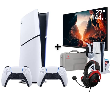 بلايستيشن 5 سليم ديجتال يدتين تحكم + شاشة العاب مقاس 27 بوصة 120hz هيرتز + قاعدة بلايستيشن 5 + سماعة هايبر اكس 2 + شنطة