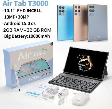 تابلت اير تاب T3000، شاشة 10.1 انش FHD، اندرويد 15، ذاكرة RAM 2GB + تخزين 32GB، بطارية 10000mAh، كاميرا 13MP+30MP
