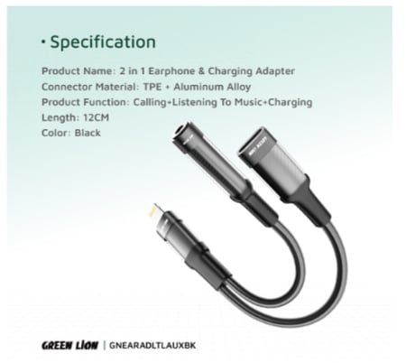 محول سماعة أذن وشحن 2 في 1 من Green Lion Lightning إلى Lightning + 3.5 12 سم - أسود