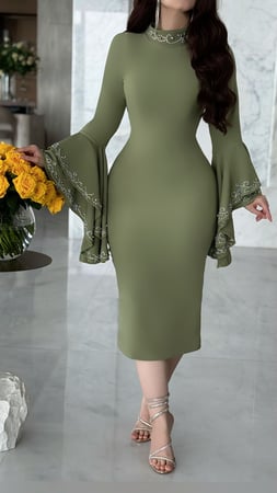 فستان ميدي باكمام مطرزه