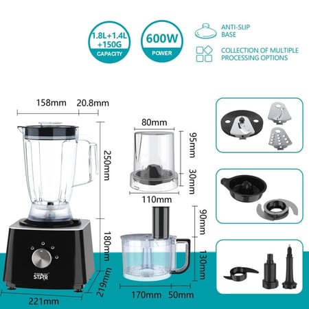 ويننج ستار محضر طعام , سعة الوعاء 1.8 لتر , متعدد الوظائف 10 في 1 , الخلط، الطحن، وإعداد العجين , شفرات استانلس ستيل ,  600 واط, اسود , ST-5583