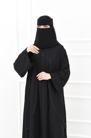 عباية سادة نصف كلوش بسحاب وجيوب مخفية مع تفاصيل ستان