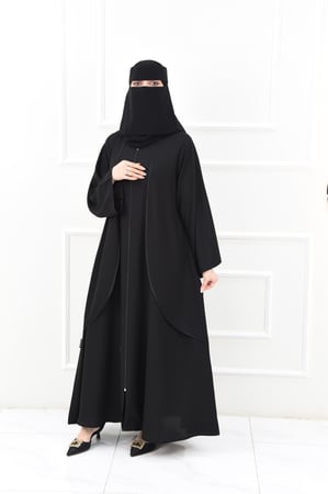 عباية سادة نصف كلوش بسحاب وجيوب مخفية مع تفاصيل ستان