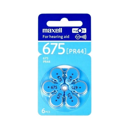 بطاريات لأجهزة السمع  للمساعدة على السمع مقاس 675 (5 عبوات) (30 بطارية) Maxell Hearing Aid Batteries Size 675 – (PR44) 5 Cards of 6 Pieces Batteries.