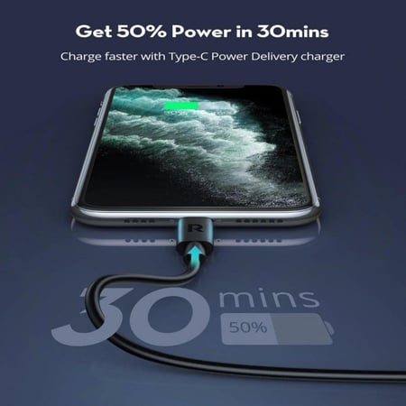 كيبل من راف باور Type-C إلى Lightning بخاصية الشحن السريع PD معتمد من ابل بطول 1 متر - RAVPOWER RP-CB1016