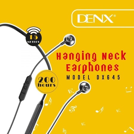 سماعة لاسلكية بلوتوث من DENX تعمل 200ساعه موديل DX645 لون أسود Hanging Neck Earphones