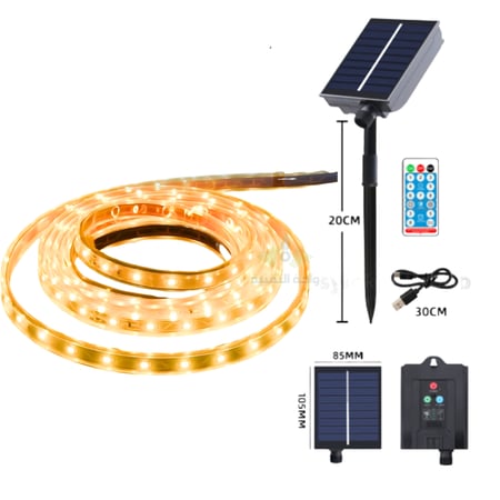 شريط إضاءة LED خارجي يعمل بالطاقة الشمسية بطول 10 متر - مقاوم للماء مع جهاز تحكم عن بعد - إضاءة صفراء دافئة (Warm White)