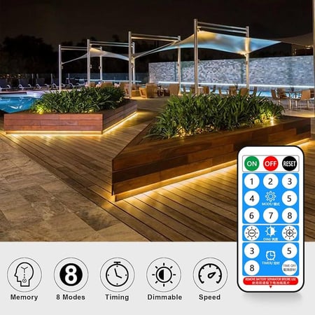 شريط إضاءة LED خارجي يعمل بالطاقة الشمسية بطول 10 متر - مقاوم للماء مع جهاز تحكم عن بعد - إضاءة صفراء دافئة (Warm White)