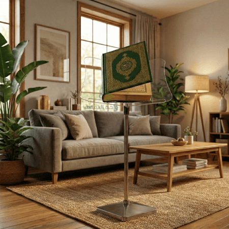 حامل المصحف الشريف المعدني - ستاند فضي فاخر مع لوح قراءة حامل شفاف أكريليك (قابل لتعديل الارتفاع)