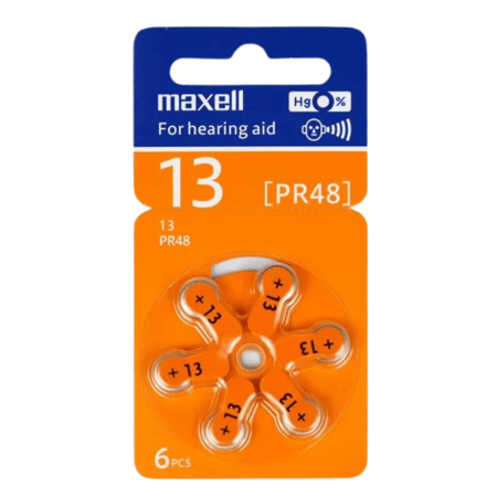 بطاريات لأجهزة السمع  للمساعدة على السمع مقاس 13 (5 عبوات) (30 بطارية) Maxell Hearing Aid Batteries Size 13 – (PR 48) 5 Cards of 6 Pieces Batteries.