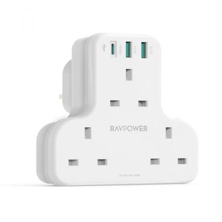 ‎شاحن جداري 3 مداخل + منفذين USB + منفذ type c بقوة 20w  RAVPower RP-PC1036 PD Pioneer 20W 3 port charger White