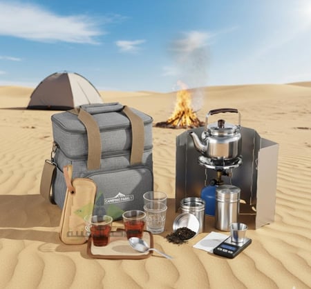 طقم عزبة الشاي للرحلات والبر من CAMPING FAMILY  CM-43003- شنطة رحلات عالية الجودة، ألوان متعددة، وأدوات شاي متكاملة لجميع مغامراتك!