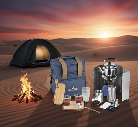 طقم عزبة الشاي للرحلات والبر من CAMPING FAMILY  CM-43003- شنطة رحلات عالية الجودة، ألوان متعددة، وأدوات شاي متكاملة لجميع مغامراتك!