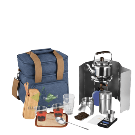 طقم عزبة الشاي للرحلات والبر من CAMPING FAMILY  CM-43003- شنطة رحلات عالية الجودة، ألوان متعددة، وأدوات شاي متكاملة لجميع مغامراتك!