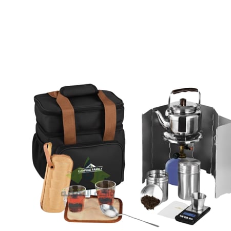 طقم عزبة الشاي للرحلات والبر من CAMPING FAMILY  CM-43003- شنطة رحلات عالية الجودة، ألوان متعددة، وأدوات شاي متكاملة لجميع مغامراتك!