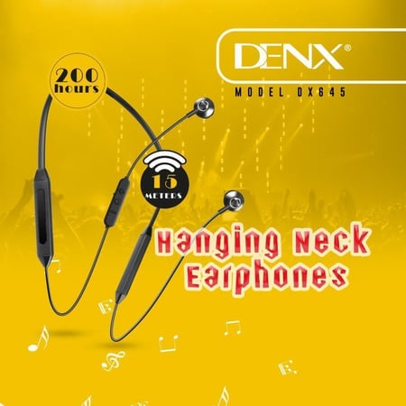 سماعة لاسلكية بلوتوث من DENX تعمل 200ساعه موديل DX645 لون أسود Hanging Neck Earphones