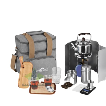 طقم عزبة الشاي للرحلات والبر من CAMPING FAMILY  CM-43003- شنطة رحلات عالية الجودة، ألوان متعددة، وأدوات شاي متكاملة لجميع مغامراتك!