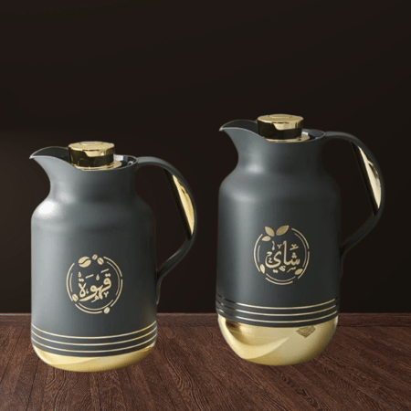 طقم ترمس رمادي داكن قاعدة ذهبي للشاي والقهوة من بيتروس 0217124