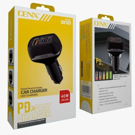 شاحن سيارة سريع بقوة 40 واط بمنفذين تايب سي + منفذ USB من دينكس DX103