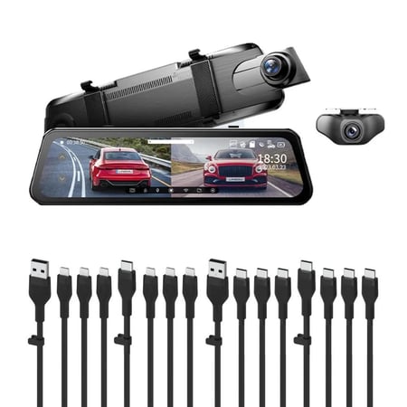 12 كيبل هدية مع داش كام مرايا بكاميرا امامية وخلفية بدقة 4K من LINGDU LD2K مع هدية بكج اكسسوارات السيارة