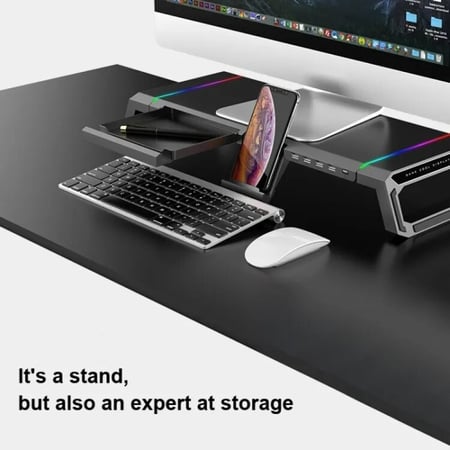 طاولة حاملة للشاشة قابلة للطي مع 4 منافذ USB وحامل للجوال واضاءة RGB